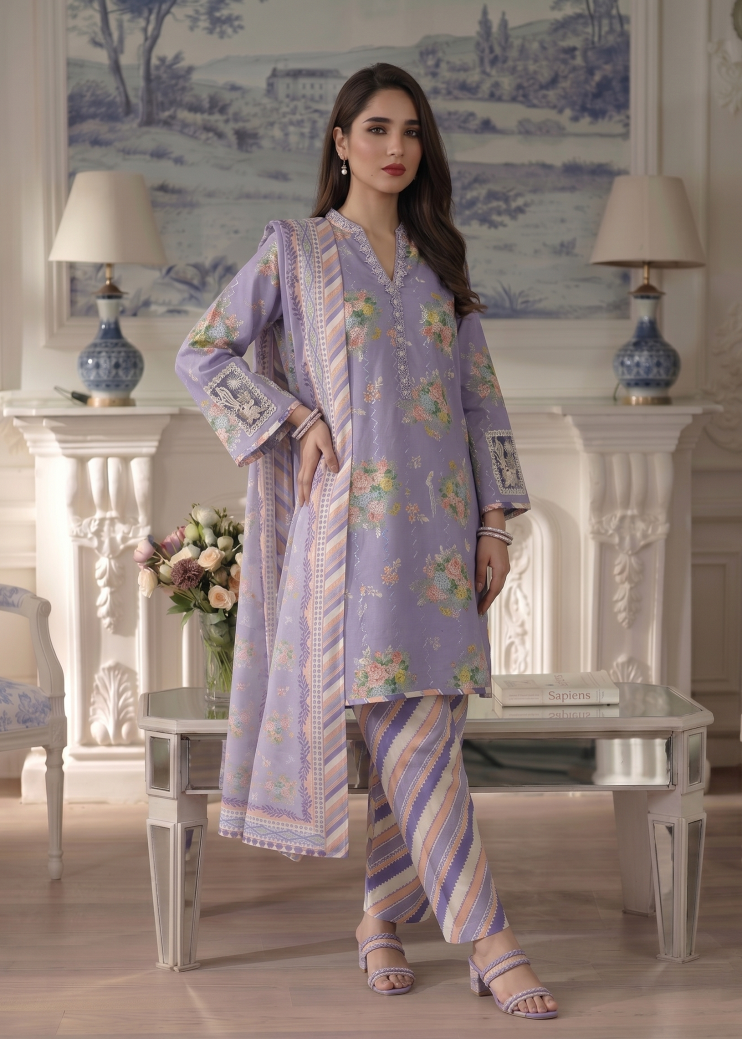 Ladies Embroidered Lavender Grey Straight Kurta Suit Online in UK USA Canada