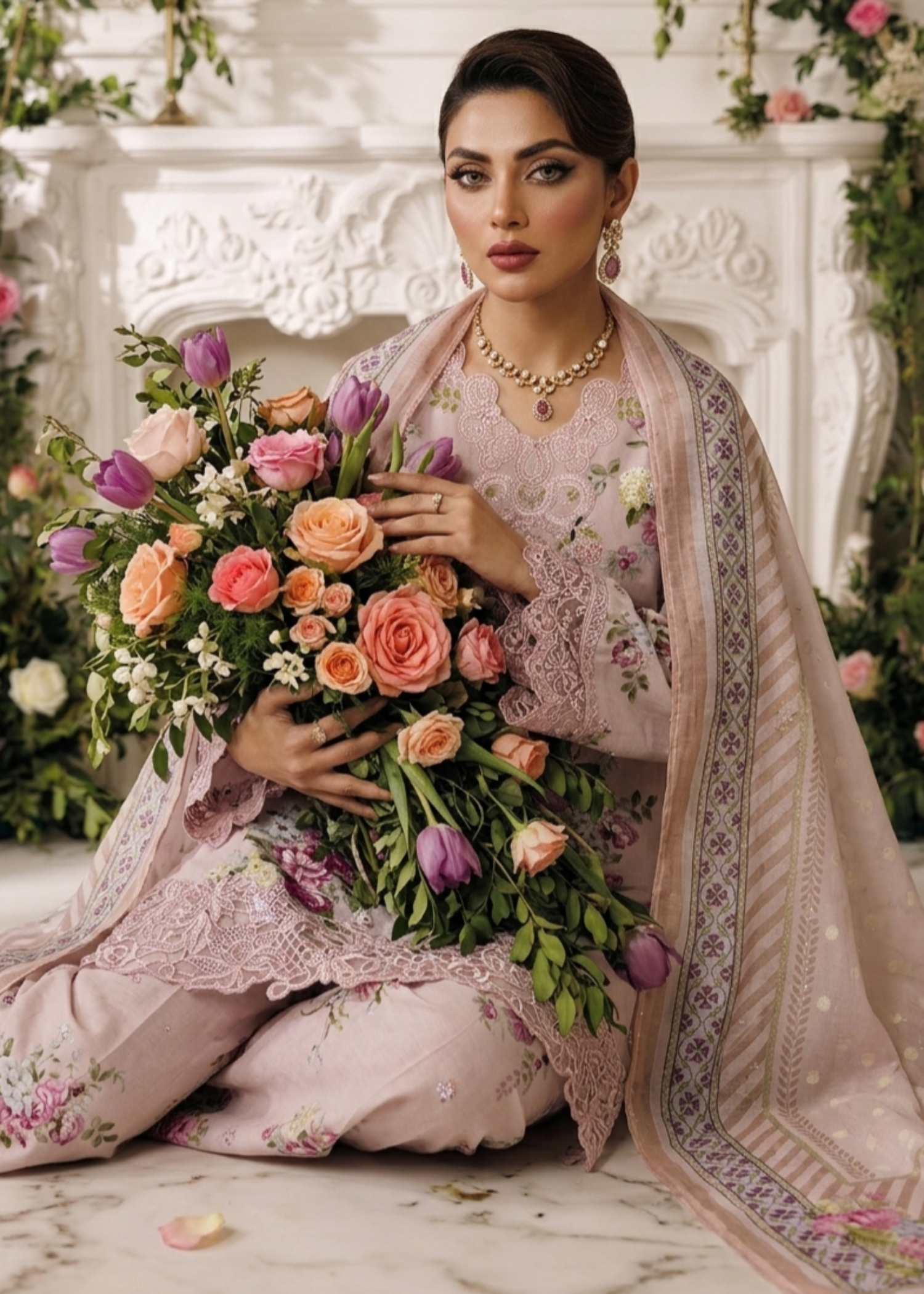Ladies Embroidered Lawn Baby Pink Sharara Online in UK USA Canada