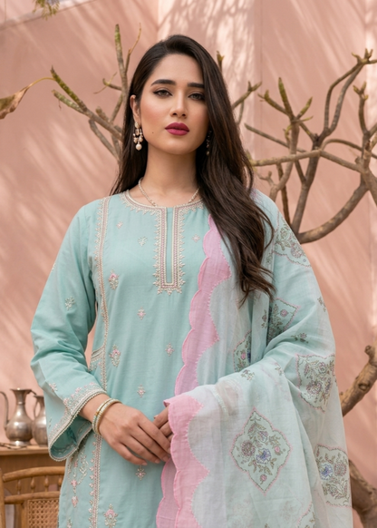 Ladies Embroidered Lawn Suit Aquamarine Online in Dubai DXB UAE Abudhabi Meena Bazaar