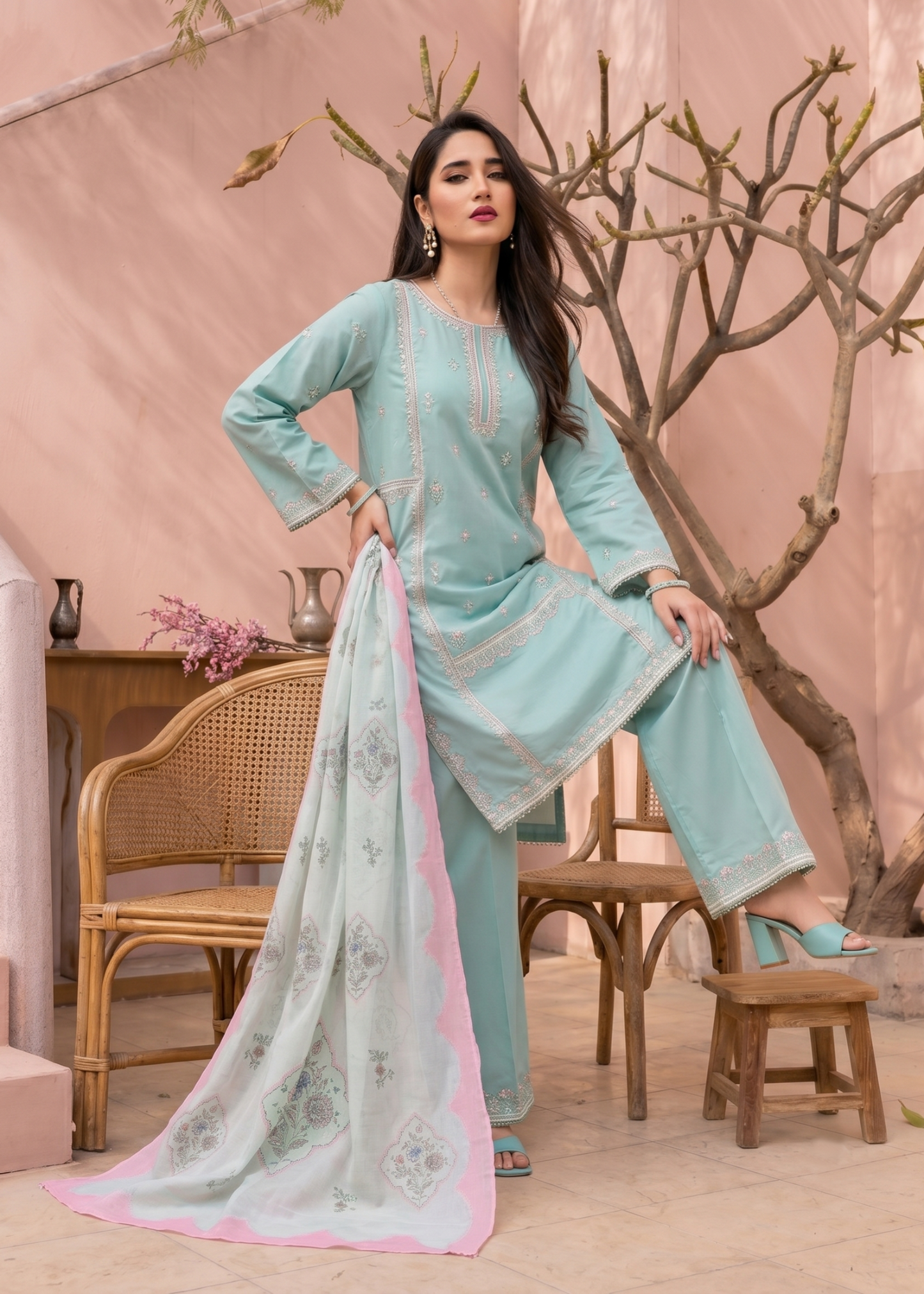 Ladies Embroidered Lawn Suit Aquamarine Online in Sri Lanka India Australia