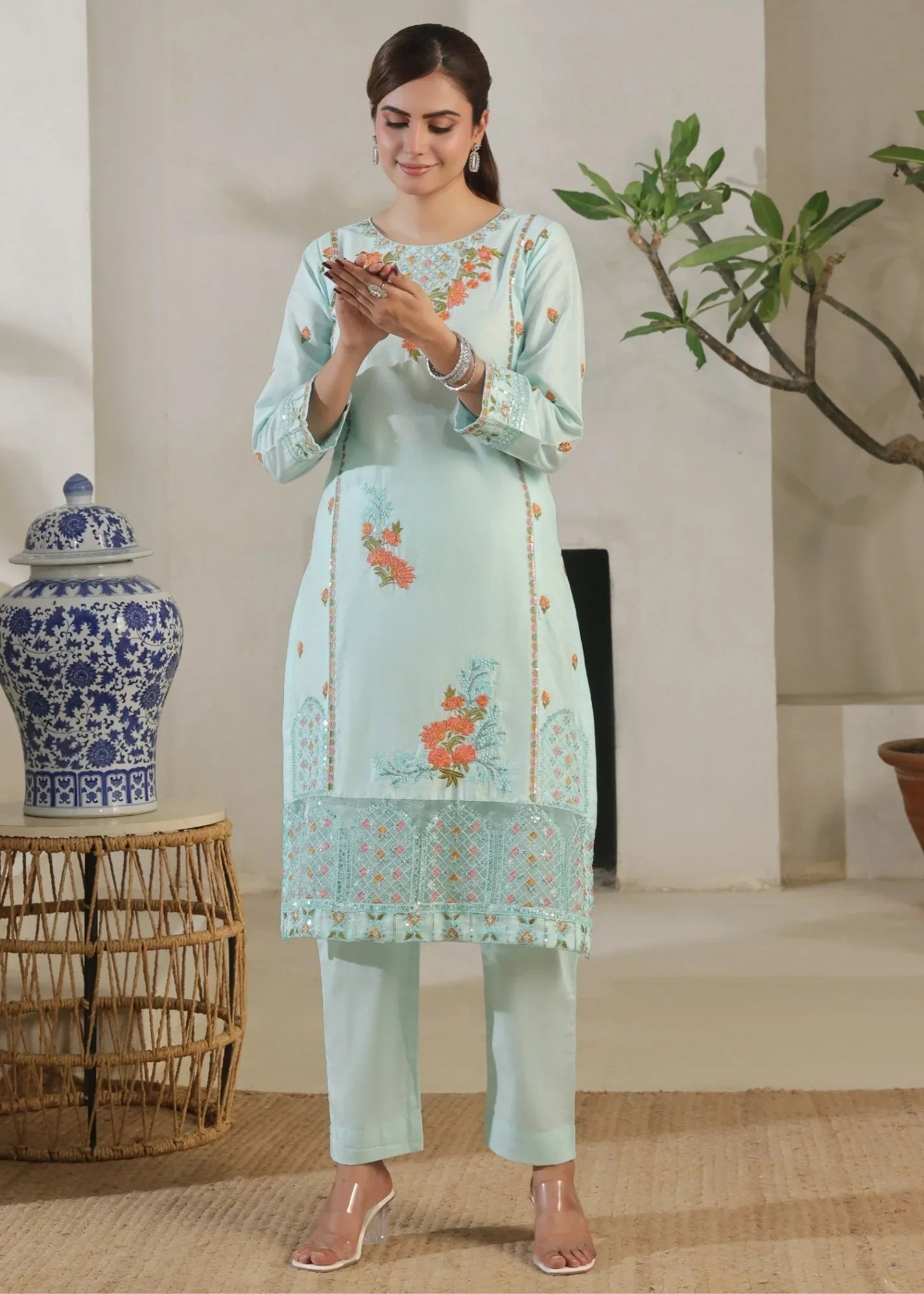 Ladies Embroidered Lawn Suit Ice Blue Online in UK USA Canada