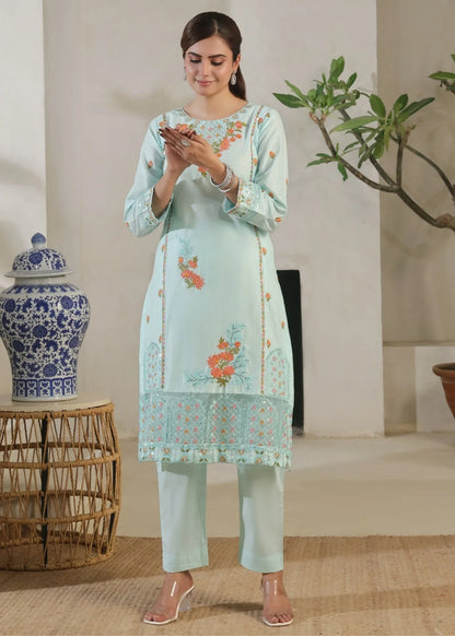 Ladies Embroidered Lawn Suit Ice Blue Online in UK USA Canada