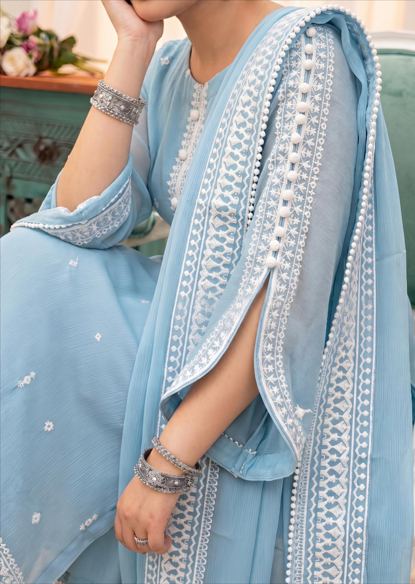 Ladies Embroidered Light Blue Chiffon Kurta Set Online in UK USA Canada