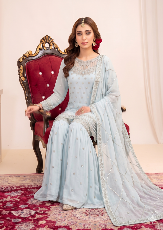 Ladies Embroidered Light Blue Gharara Set Online in UK USA Canada