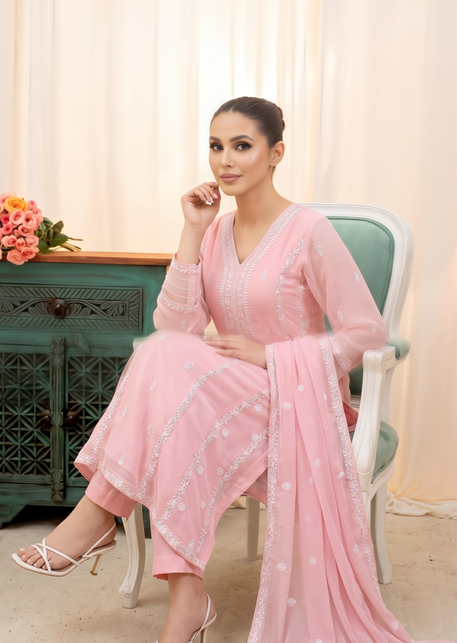 Ladies Embroidered Light Pink Chiffon Suit Online in UK USA Canada