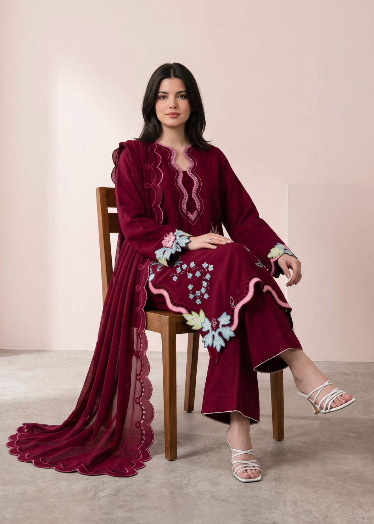 Ladies Embroidered Lipstick Red Shalwar Kameez Online in UK USA Canada