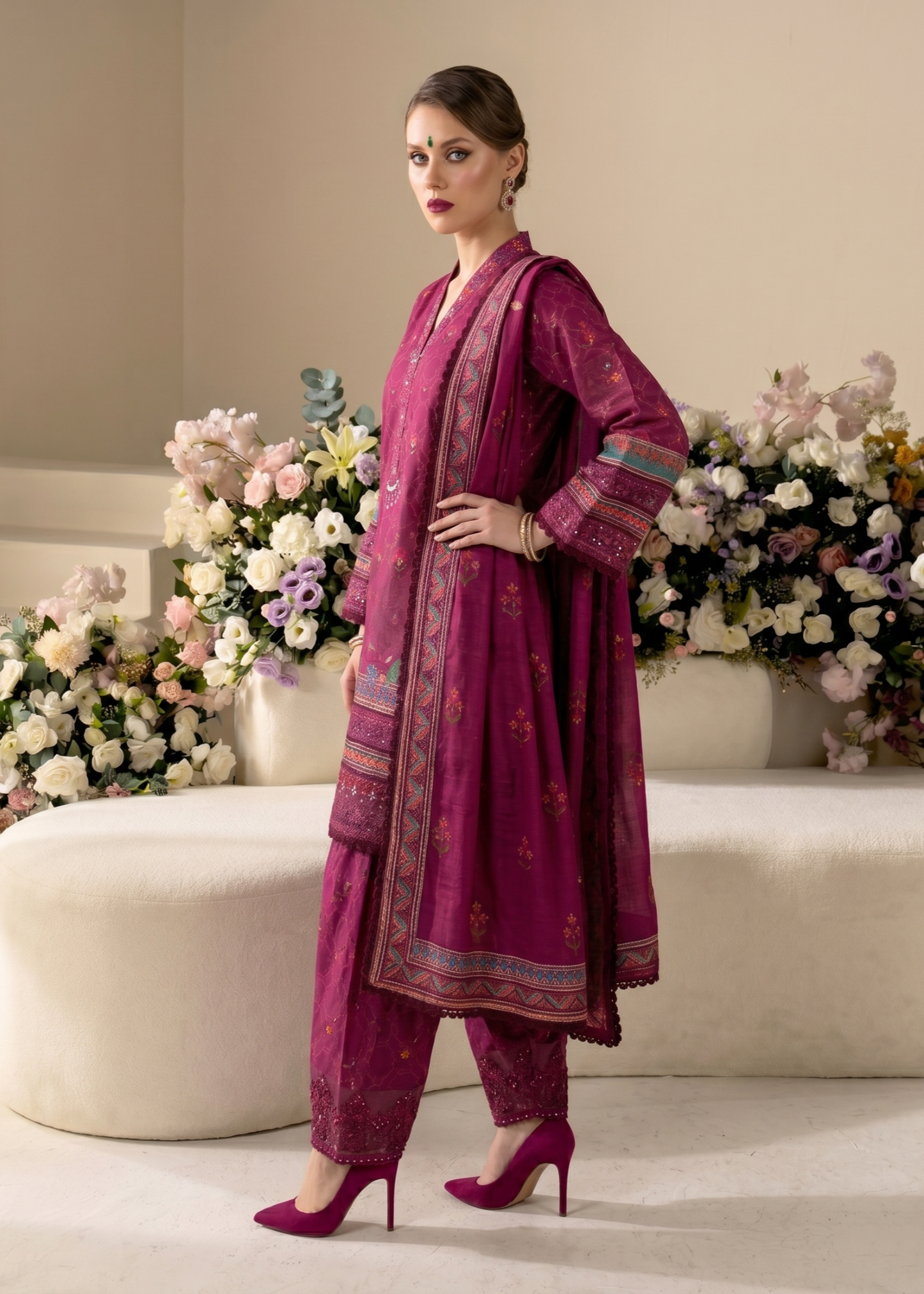 Ladies Embroidered Magenta Farshi Shalwar Salwar Kameez Online in UK USA Canada