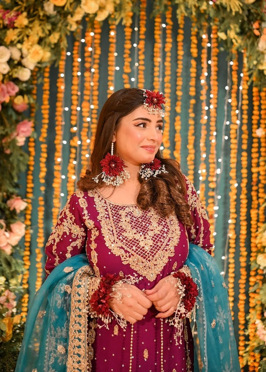 Ladies Embroidered Magenta Gharara Suit Online in UK USA Canada