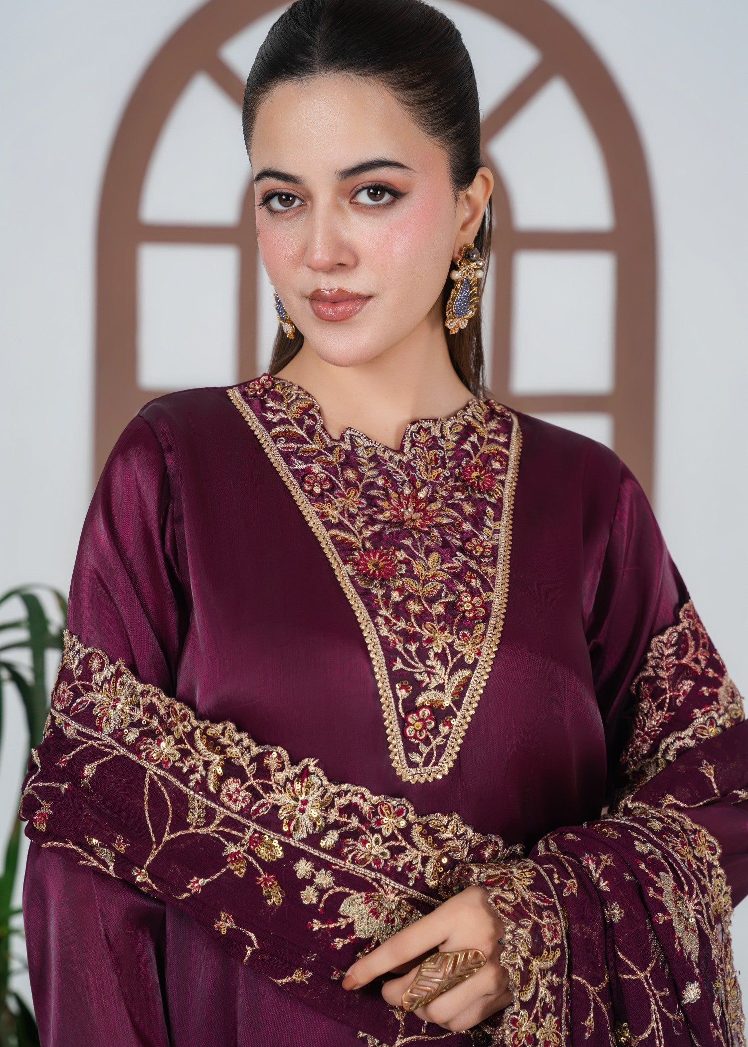 Ladies Embroidered Magenta Silk Festive Wear Online in UK USA Canada