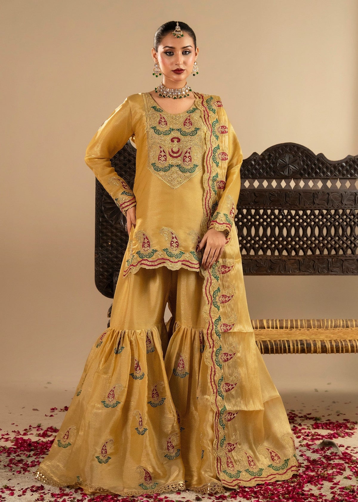 Ladies Embroidered Marigold Gharara Online in UK USA Canada