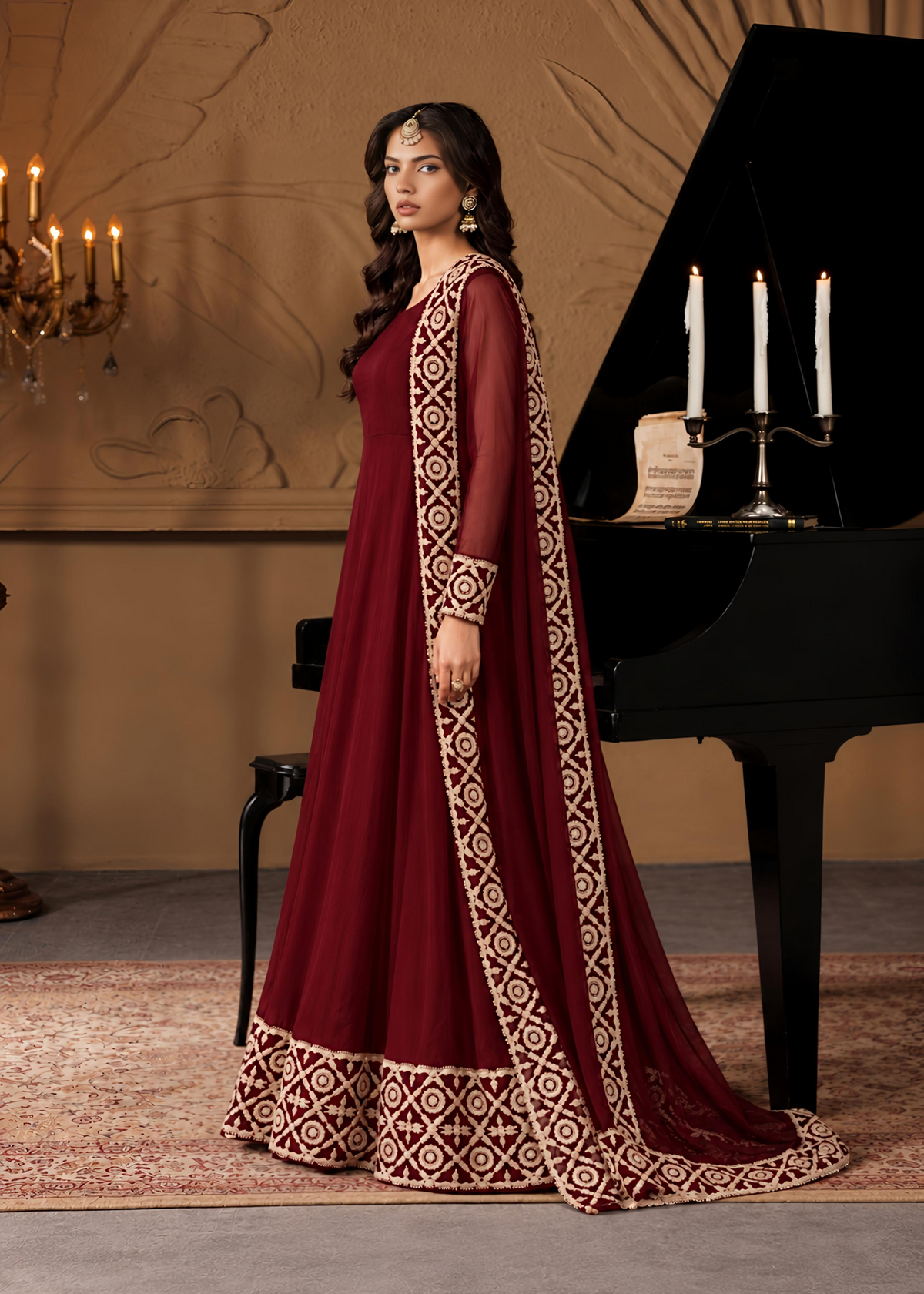 Ladies Embroidered Maroon Chiffon Partywear Suit Online in UK USA Canada