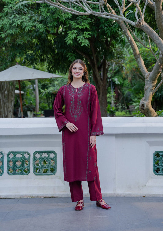 Ladies Embroidered Maroon Khaddar Shalwar Kameez Online in UK USA Canada