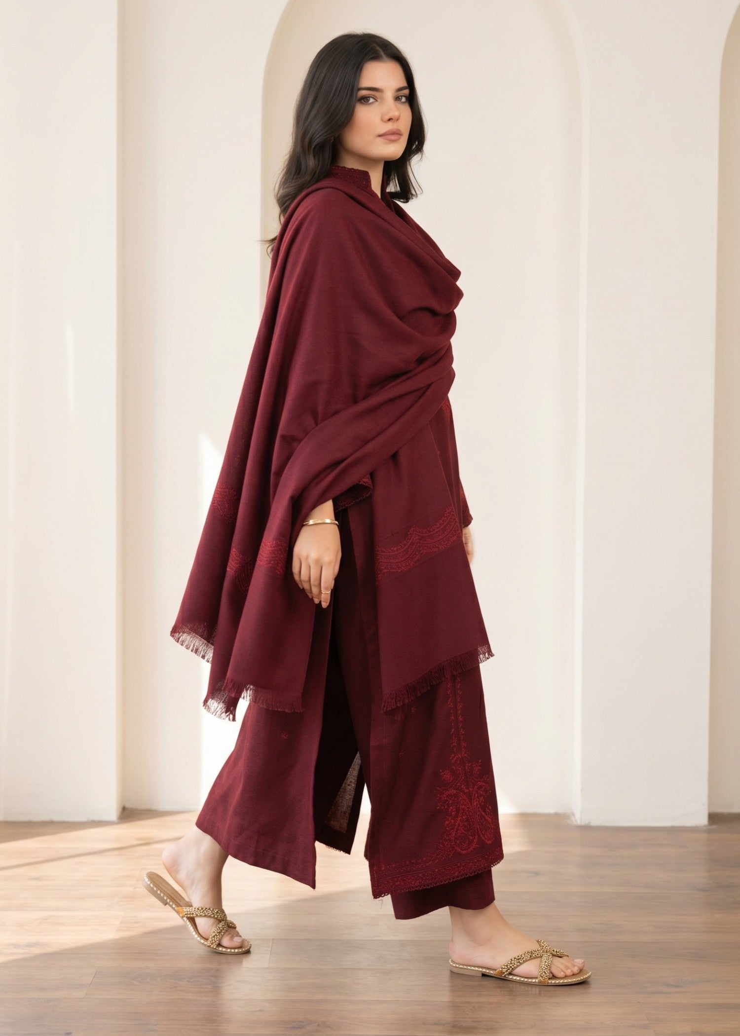 Ladies Embroidered Maroon Kurta Pajama Online in UK USA Canada