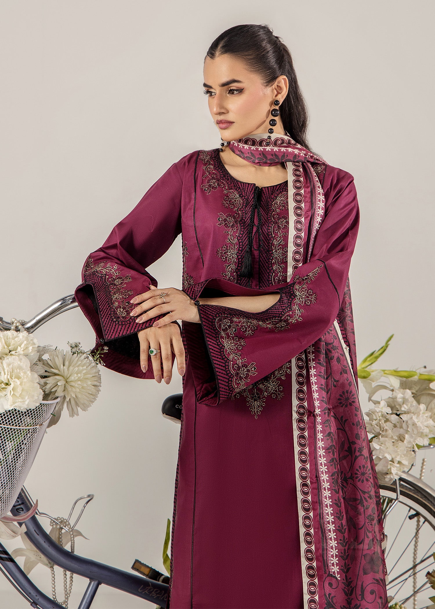 Ladies Embroidered Maroon Lawn Kurta Set Online in UK USA Canada