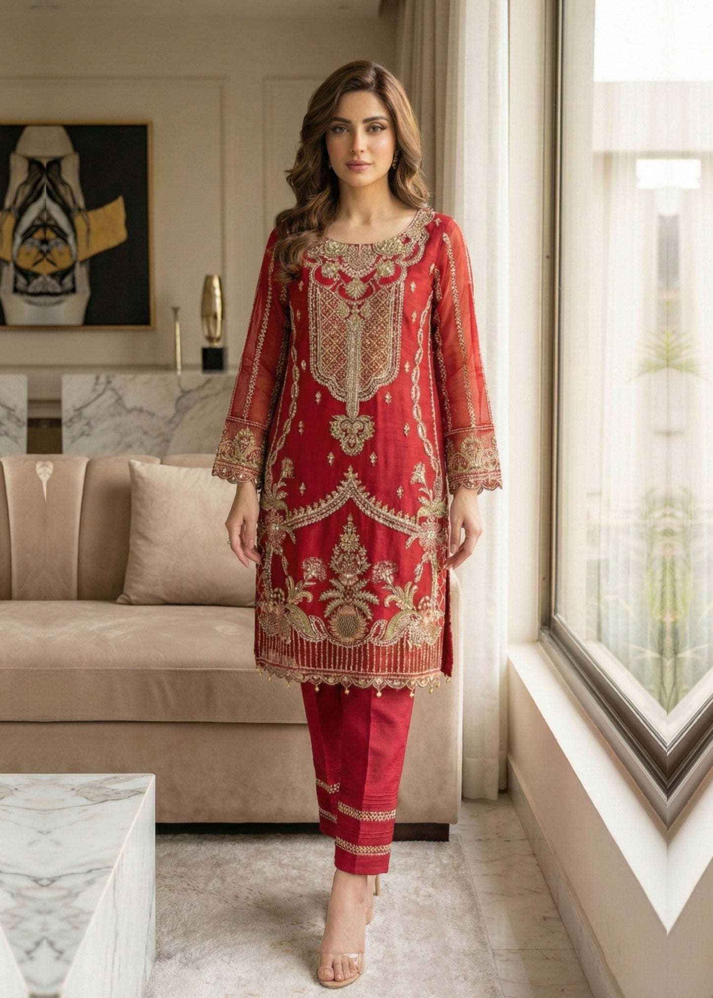 Ladies Embroidered Maroon Organza Shalwar Kameez Online in UK USA Canada
