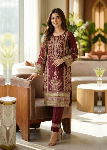 Ladies Embroidered Maroon Organza Shalwar Kameez Online in UK USA Canada