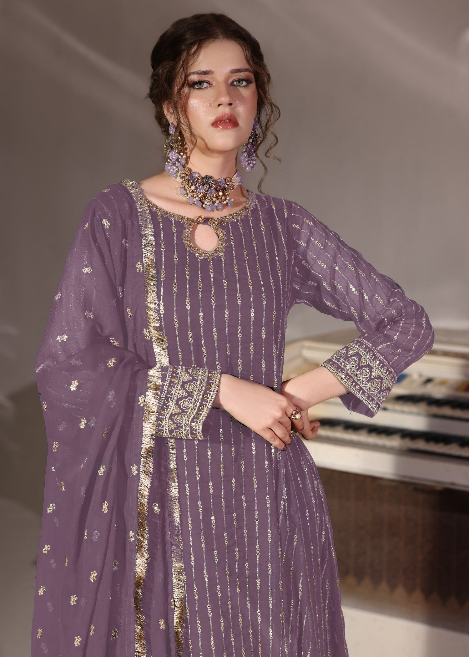 Ladies Embroidered Mauve Chiffon Flared Pishwas Suit Online in UK USA Canada