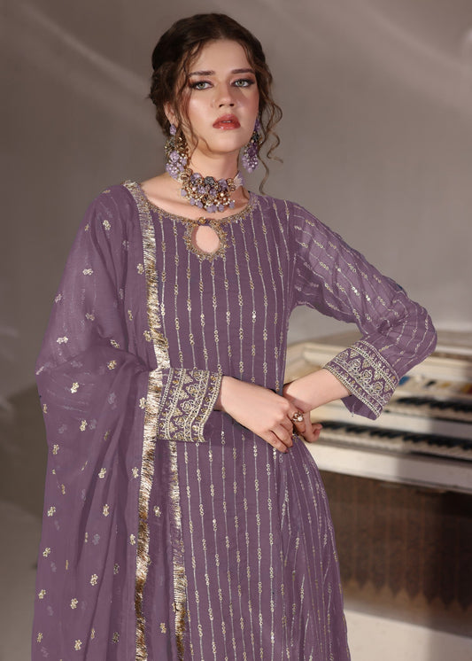 Ladies Embroidered Mauve Chiffon Flared Pishwas Suit Online in UK USA Canada