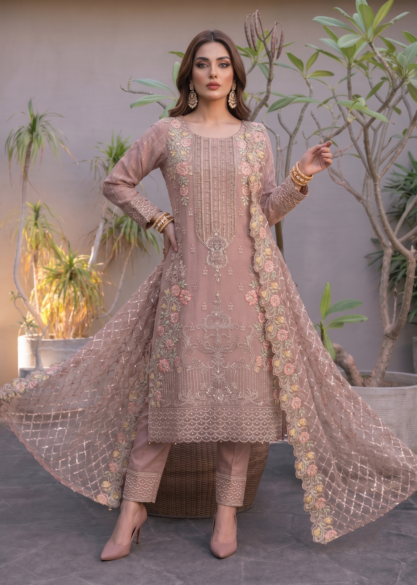 Ladies Embroidered Mauve Pink Organza Shalwar Kameez Online in UK USA Canada