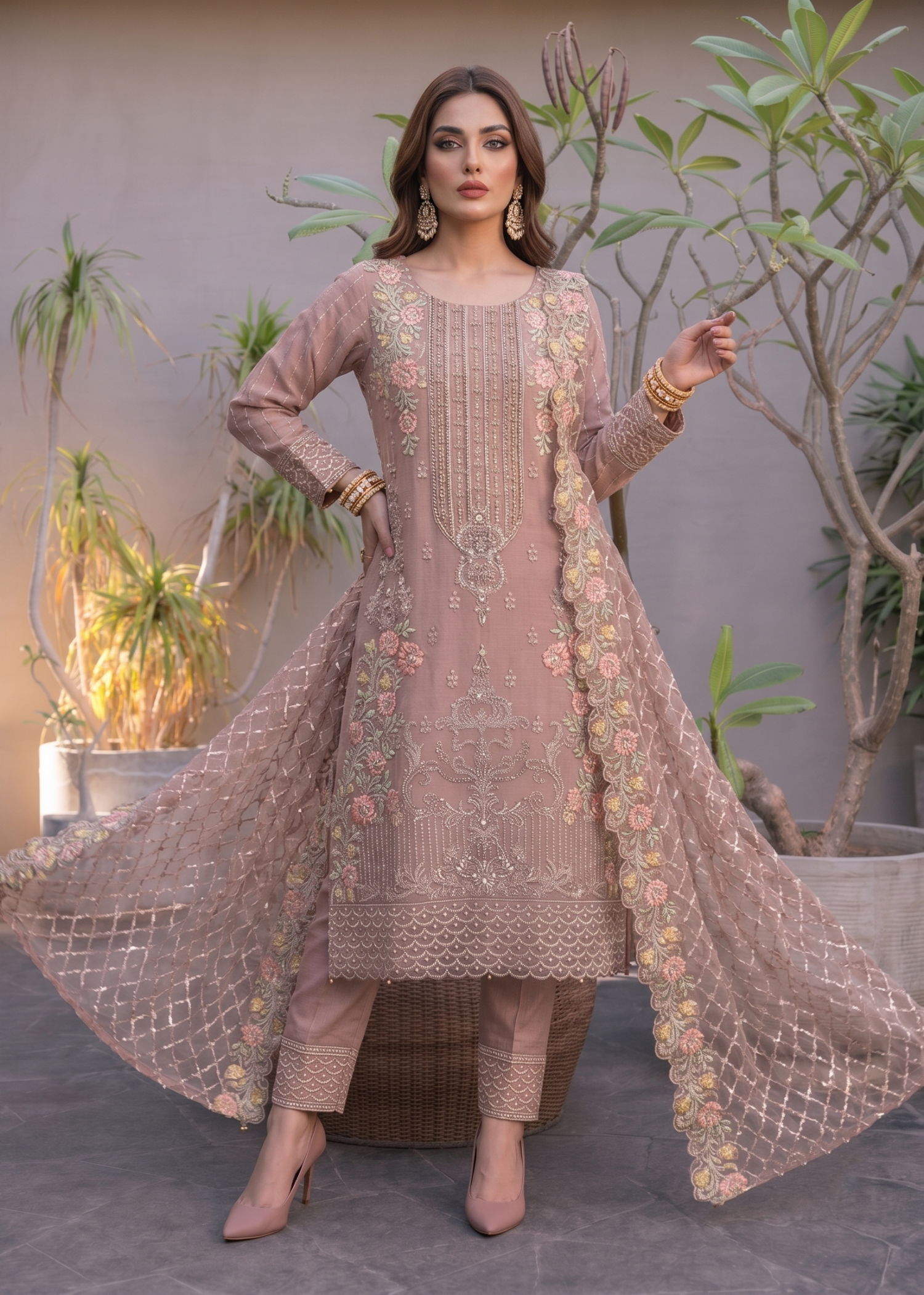 Ladies Embroidered Mauve Pink Organza Shalwar Kameez Online in UK USA Canada