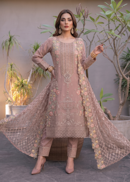 Ladies Embroidered Mauve Pink Organza Shalwar Kameez Online in UK USA Canada