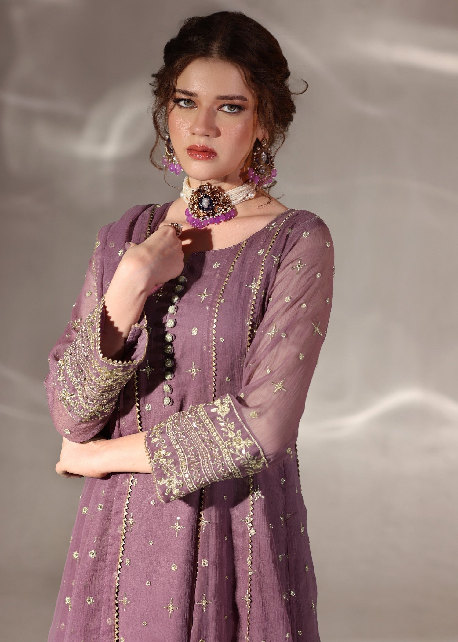Ladies Embroidered Mauve Pishwas Partywear Suit Online in UK USA Canada
