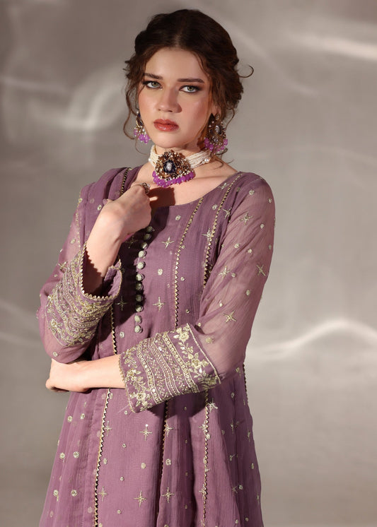 Ladies Embroidered Mauve Pishwas Partywear Suit Online in UK USA Canada