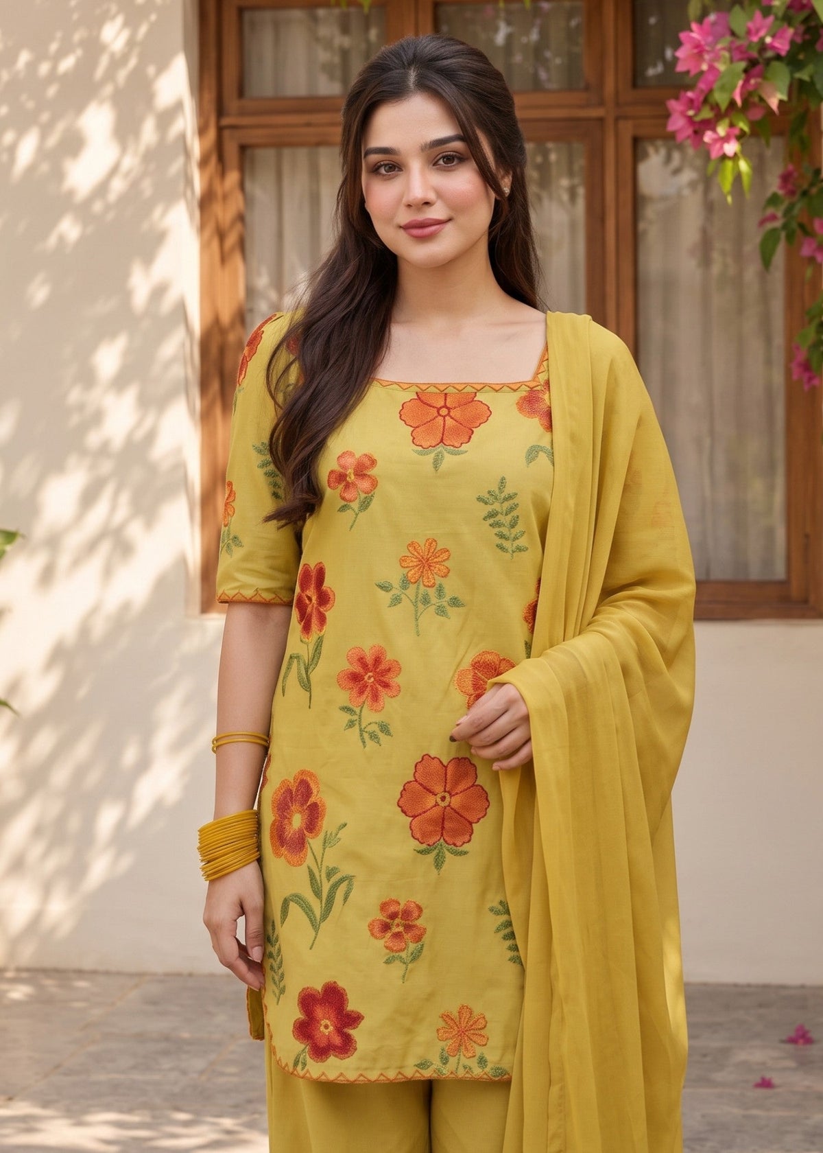 Ladies Embroidered Mellow Yellow Dhanak Kurta Set Online in UK USA Canada