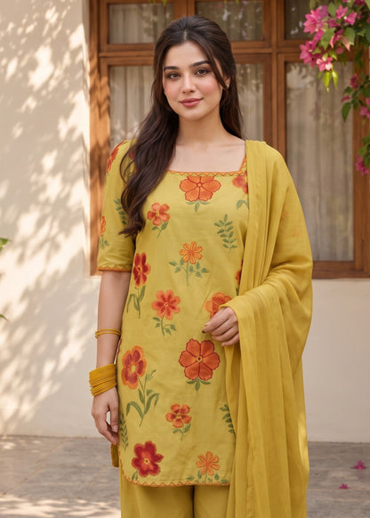 Ladies Embroidered Mellow Yellow Dhanak Kurta Set Online in UK USA Canada