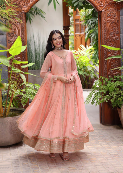 Ladies Embroidered Melon Pink Flared Pishwas Suit Online in UK USA Canada