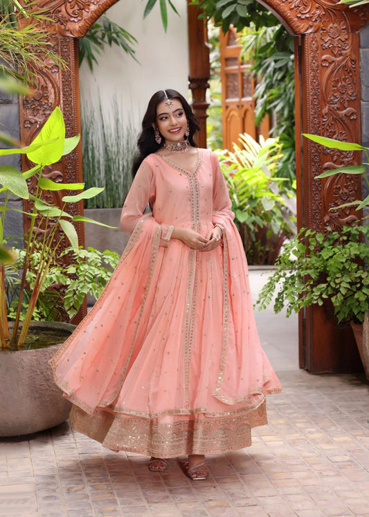 Ladies Embroidered Melon Pink Flared Pishwas Suit Online in UK USA Canada
