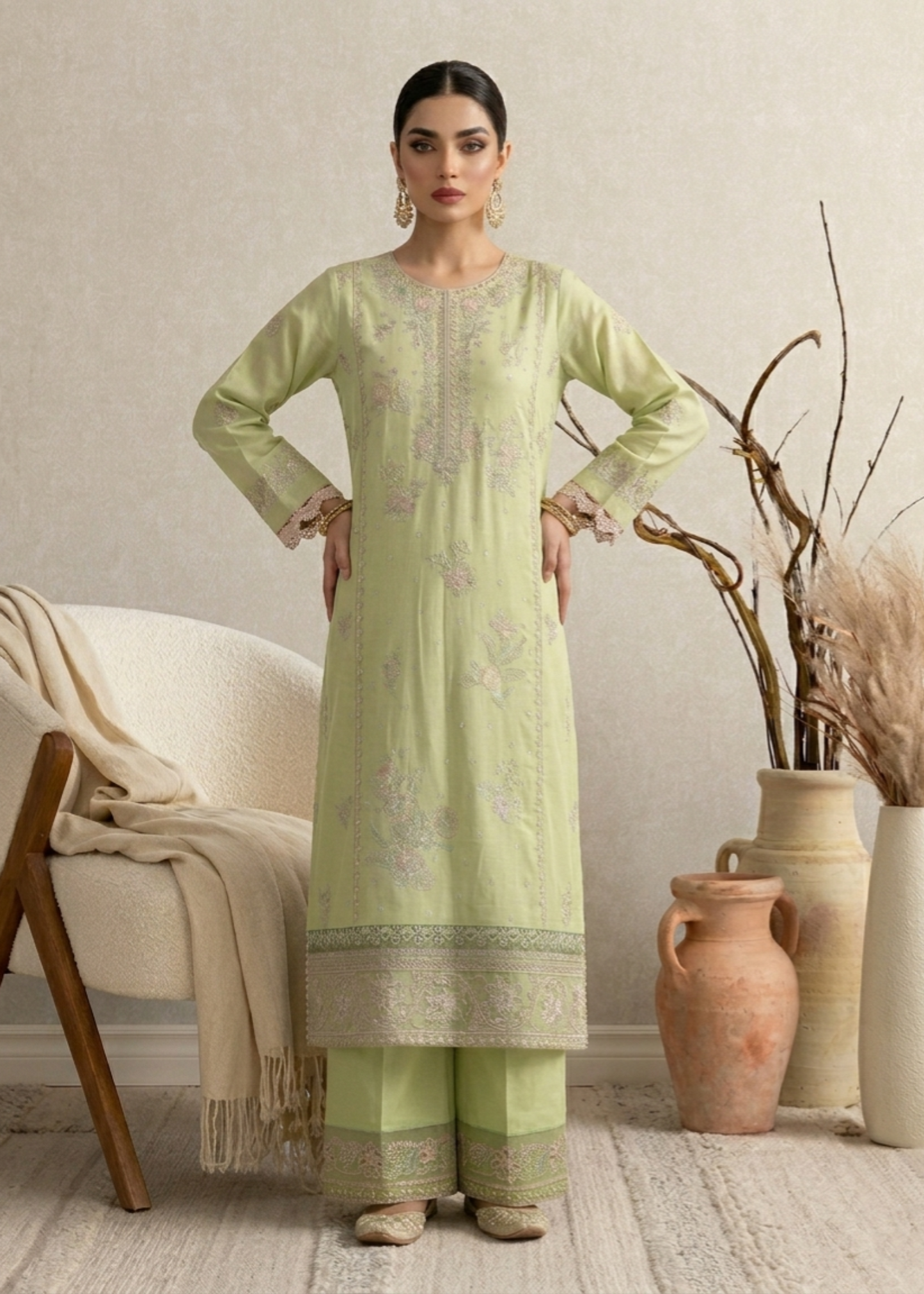 Ladies Embroidered Mint Green Cotton Shalwar Kameez Online in UK USA Canada