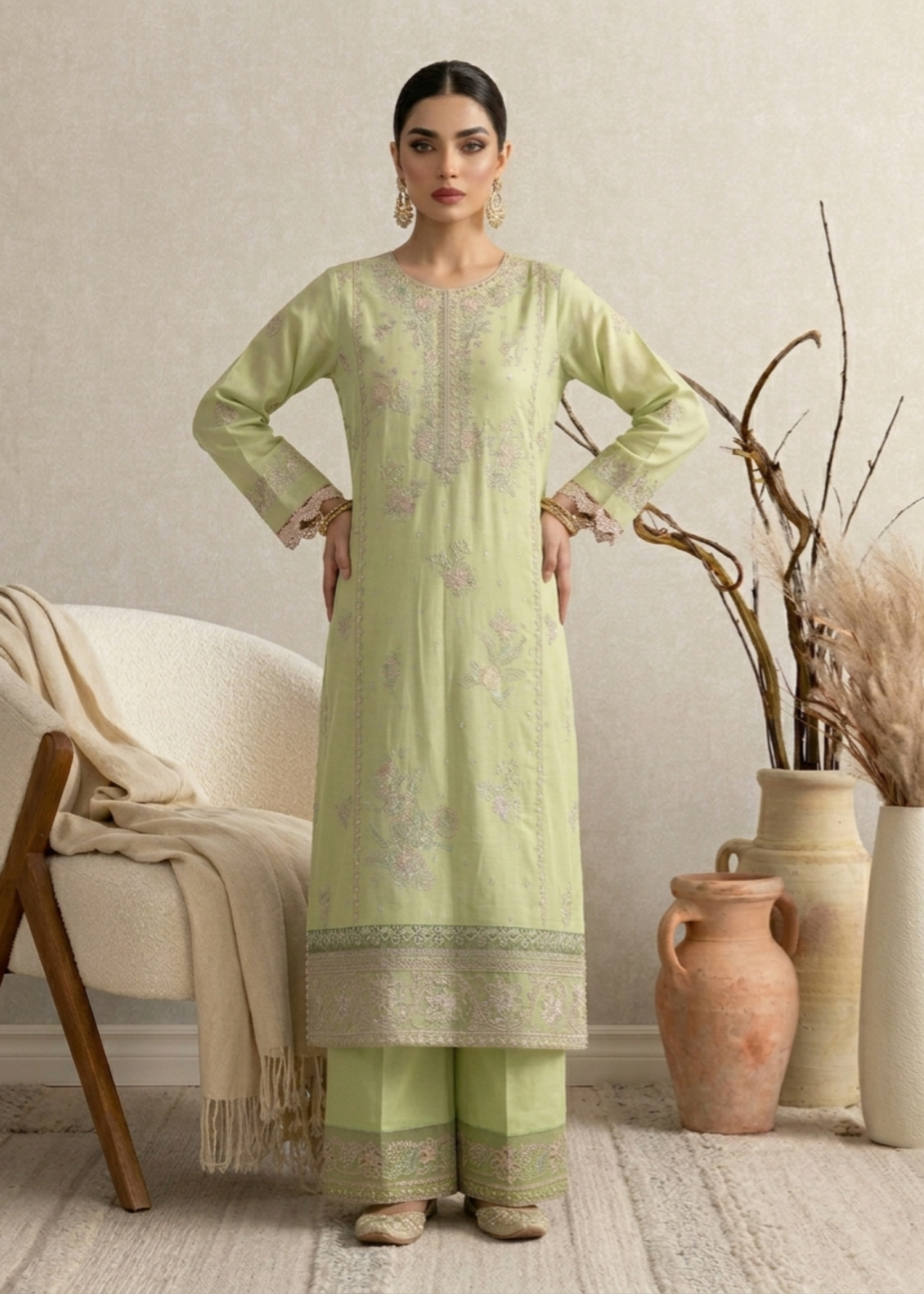 Ladies Embroidered Mint Green Cotton Shalwar Kameez Online in UK USA Canada