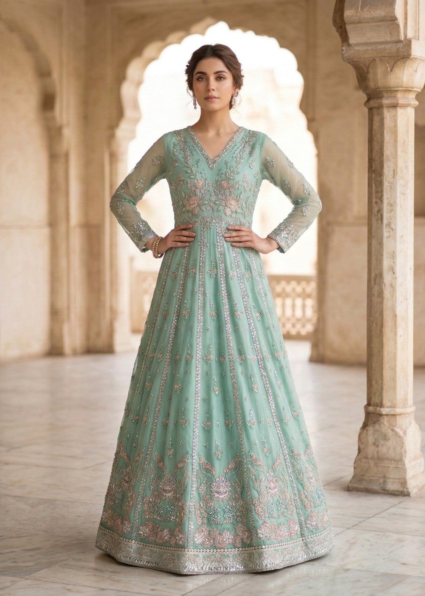 Ladies Embroidered Mint Green Organza Shalwar Kameez Online in UK USA Canada