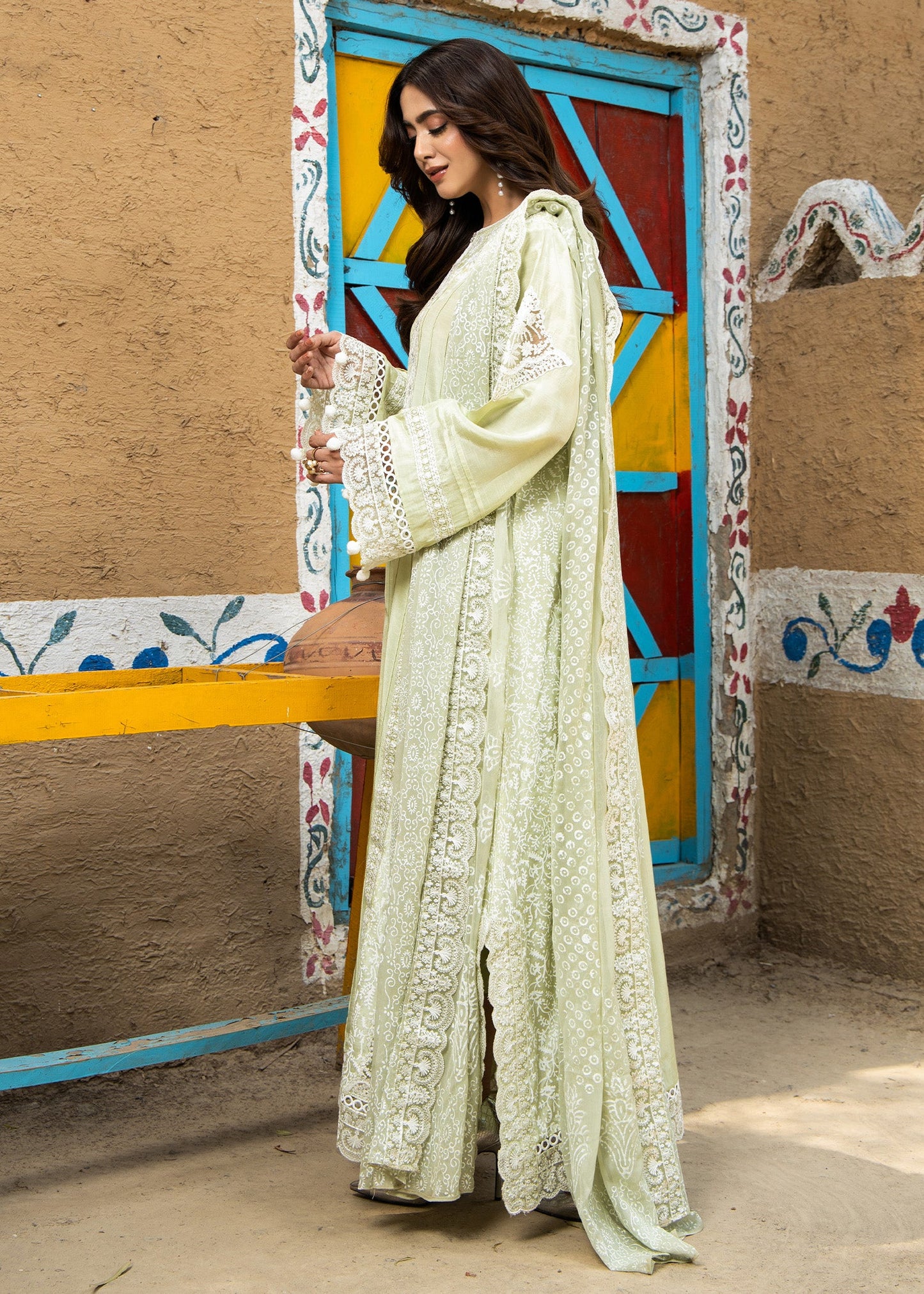 Ladies Embroidered Mint Green Raw Silk Festive Wear Online in UK USA Canada