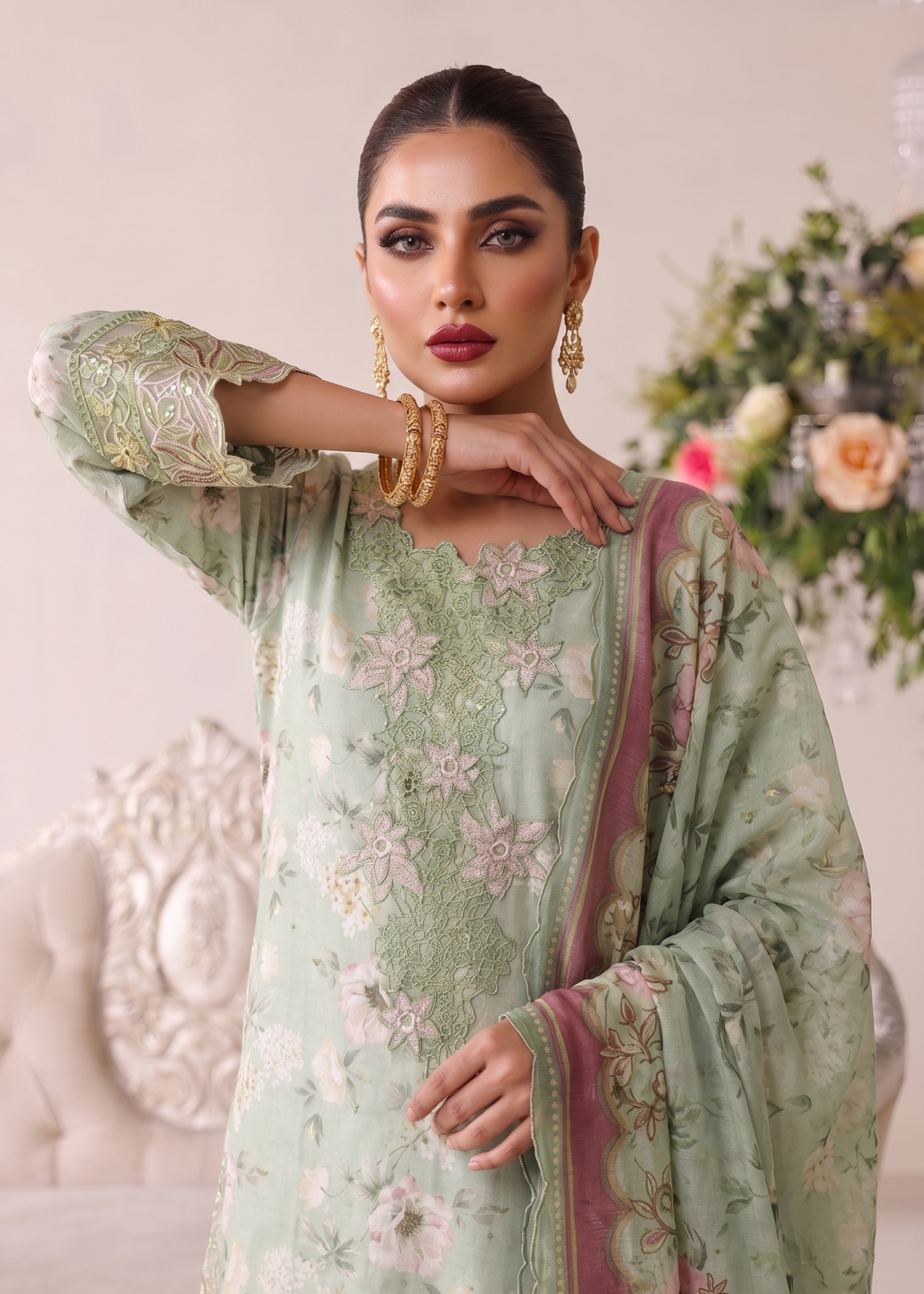 Ladies Embroidered Mint Green Sharara Gharara Online in UK USA Canada