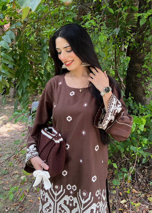Ladies Embroidered Mocha Brown Kurta and Farshi Shalwar Online in UK USA Canada