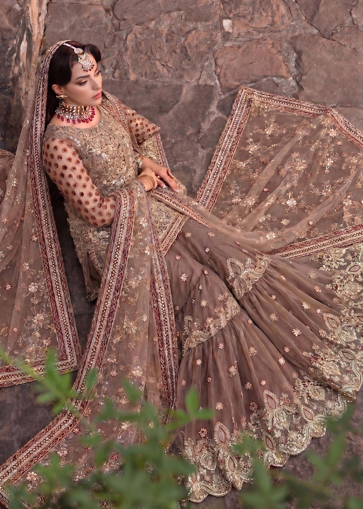 Ladies Embroidered Mocha Brown Net Gharara Online in UK USA Canada