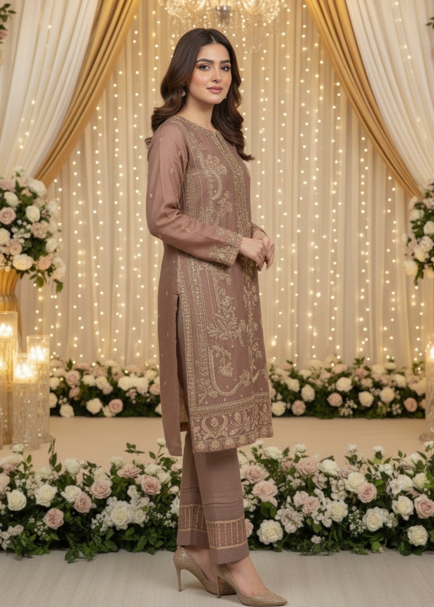Ladies Embroidered Mocha Brown Organza Festive Wear Online in UK USA Canada