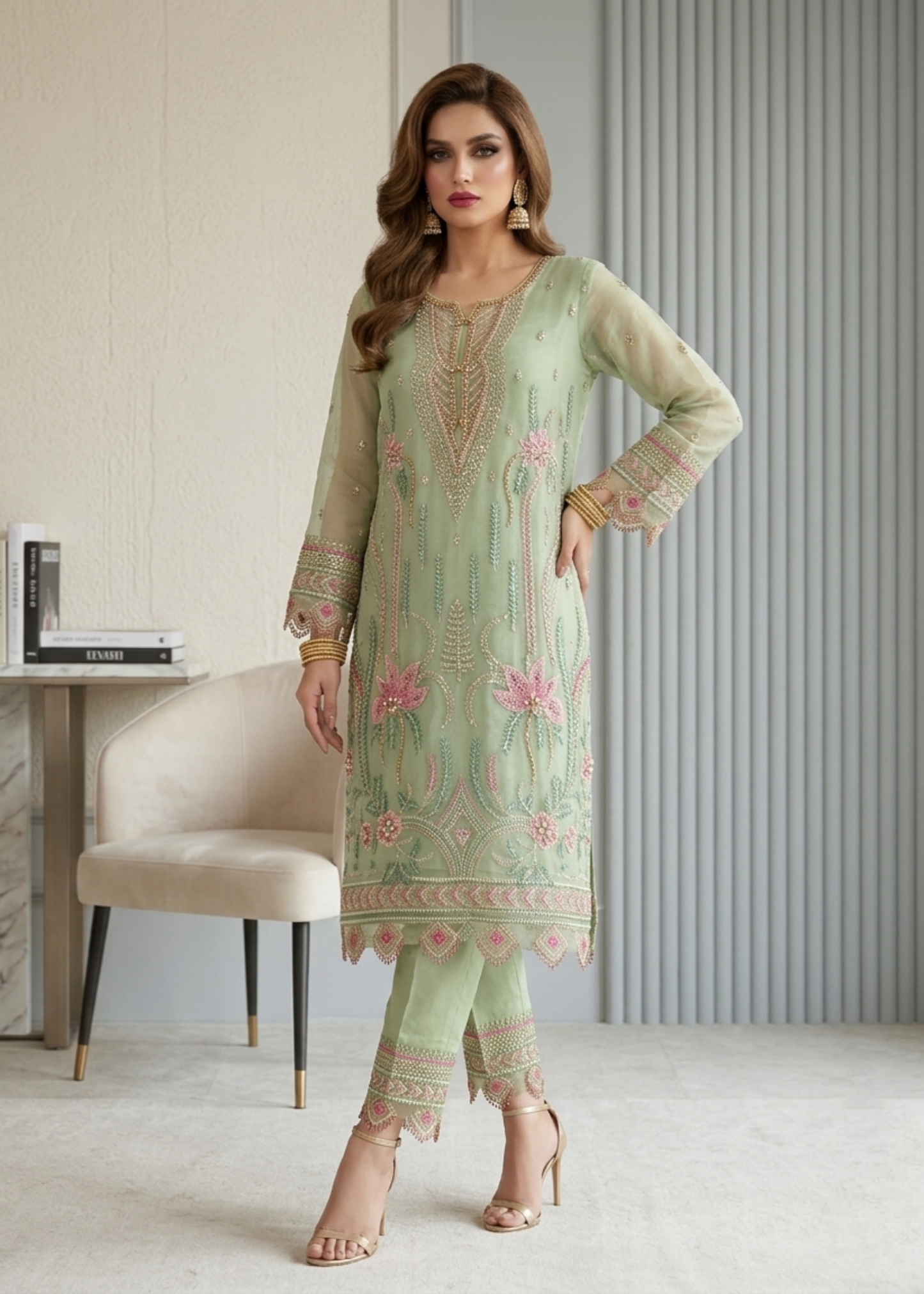 Ladies Embroidered Moss Green Organza Shalwar Kameez Online in UK USA Canada