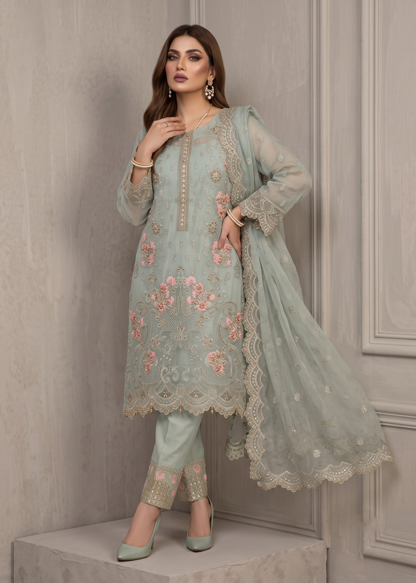 Ladies Embroidered Moss Green Organza Suit Online in UK USA Canada