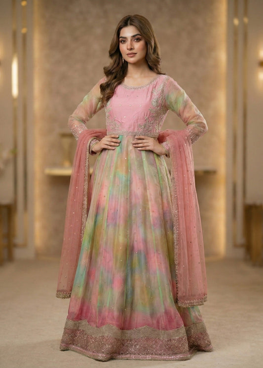 Ladies Embroidered Multi Color Chiffon Salwar Kameez Online in KSA Riyadh Saudi Arabia Oman Bahrain Qatar