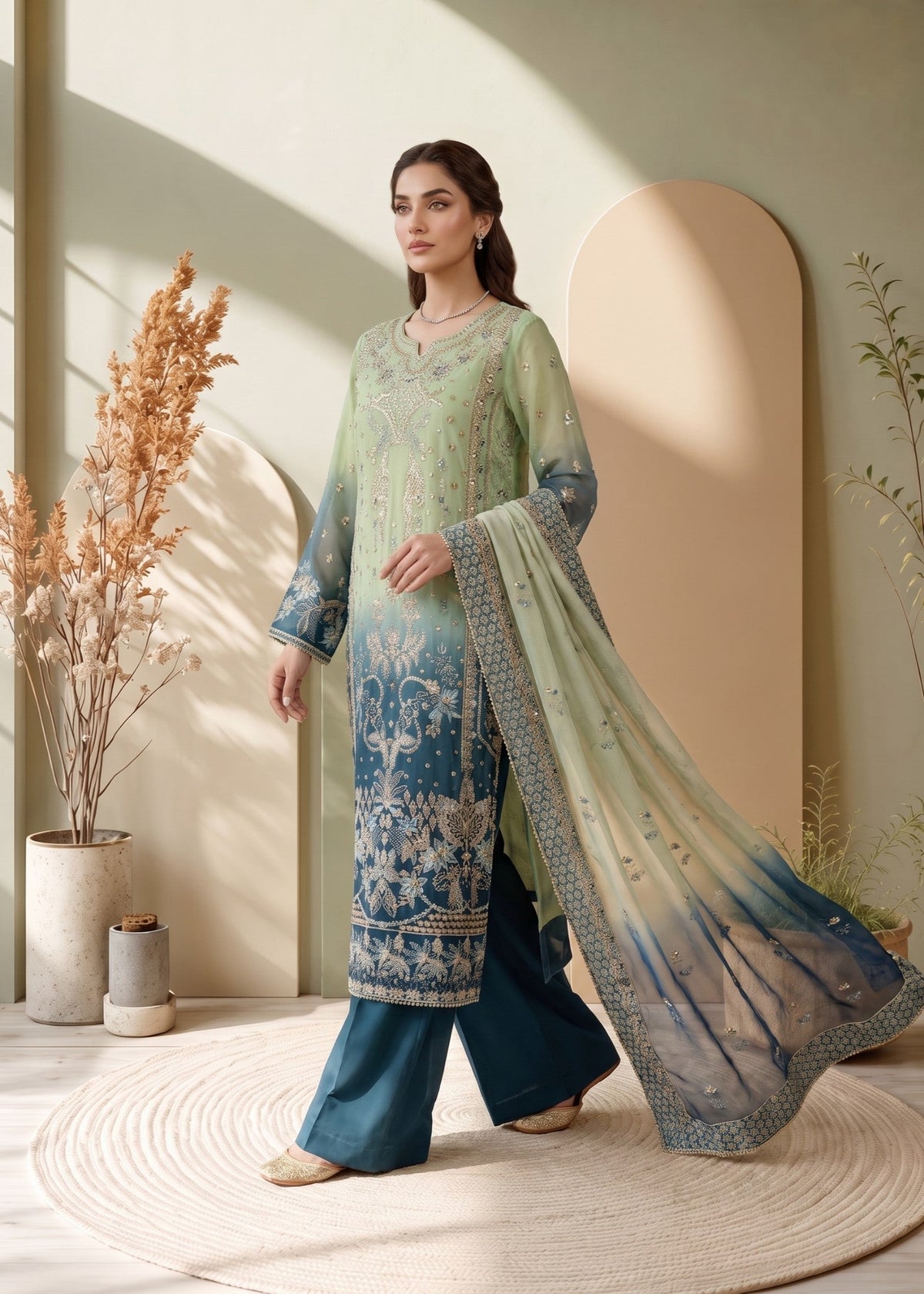Ladies Embroidered Multi Organza Shalwar Kameez Online in UK USA Canada
