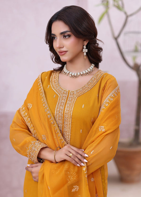 Ladies Embroidered Mustard Chiffon Kurta Set Online in UK USA Canada