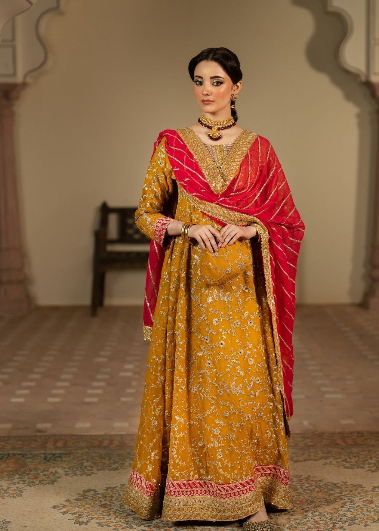 Ladies Embroidered Mustard Chiffon Shalwar Kameez Online in UK USA Canada