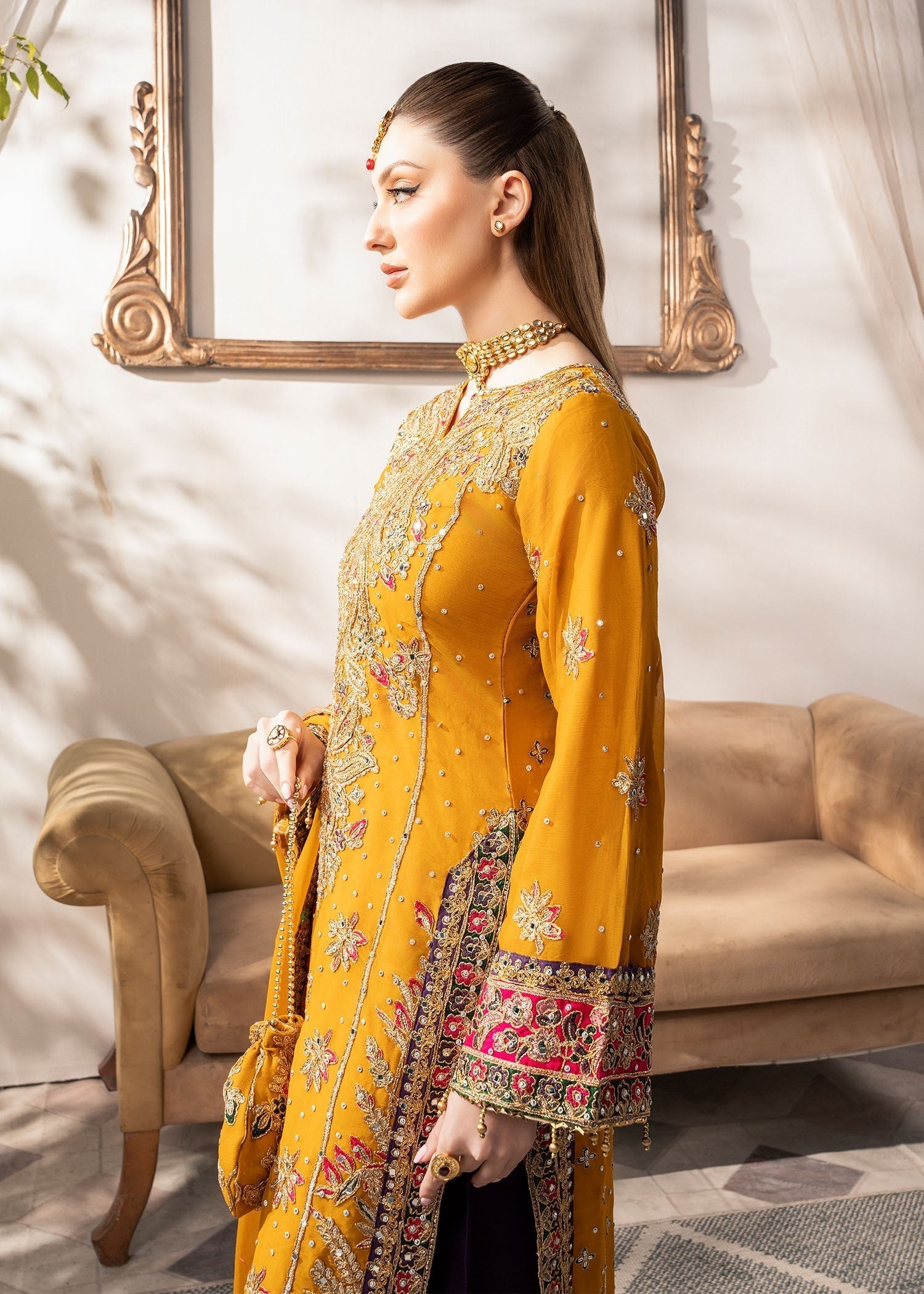 Ladies Embroidered Mustard Chiffon Shalwar Kameez Online in UK USA Canada