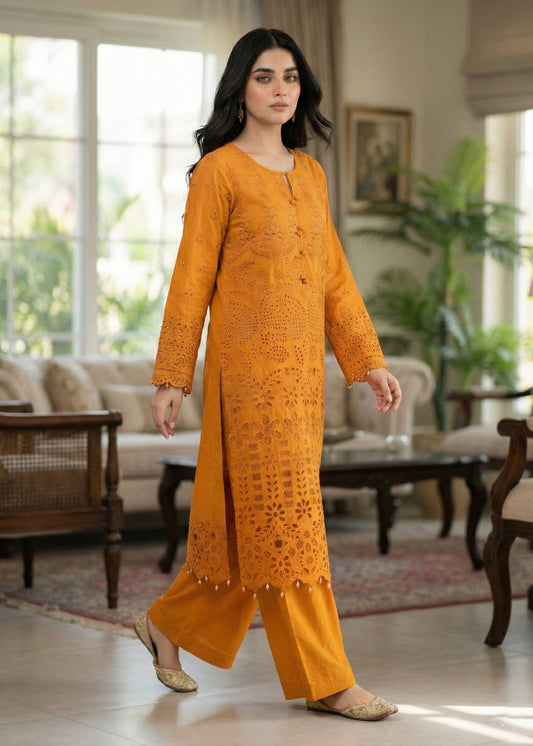 Ladies Embroidered Mustard Cotton Kurta Online in UK USA Canada