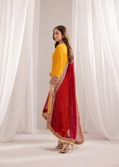 Ladies Embroidered Mustard Crinkle Chiffon Kurta Set Online in UK USA Canada