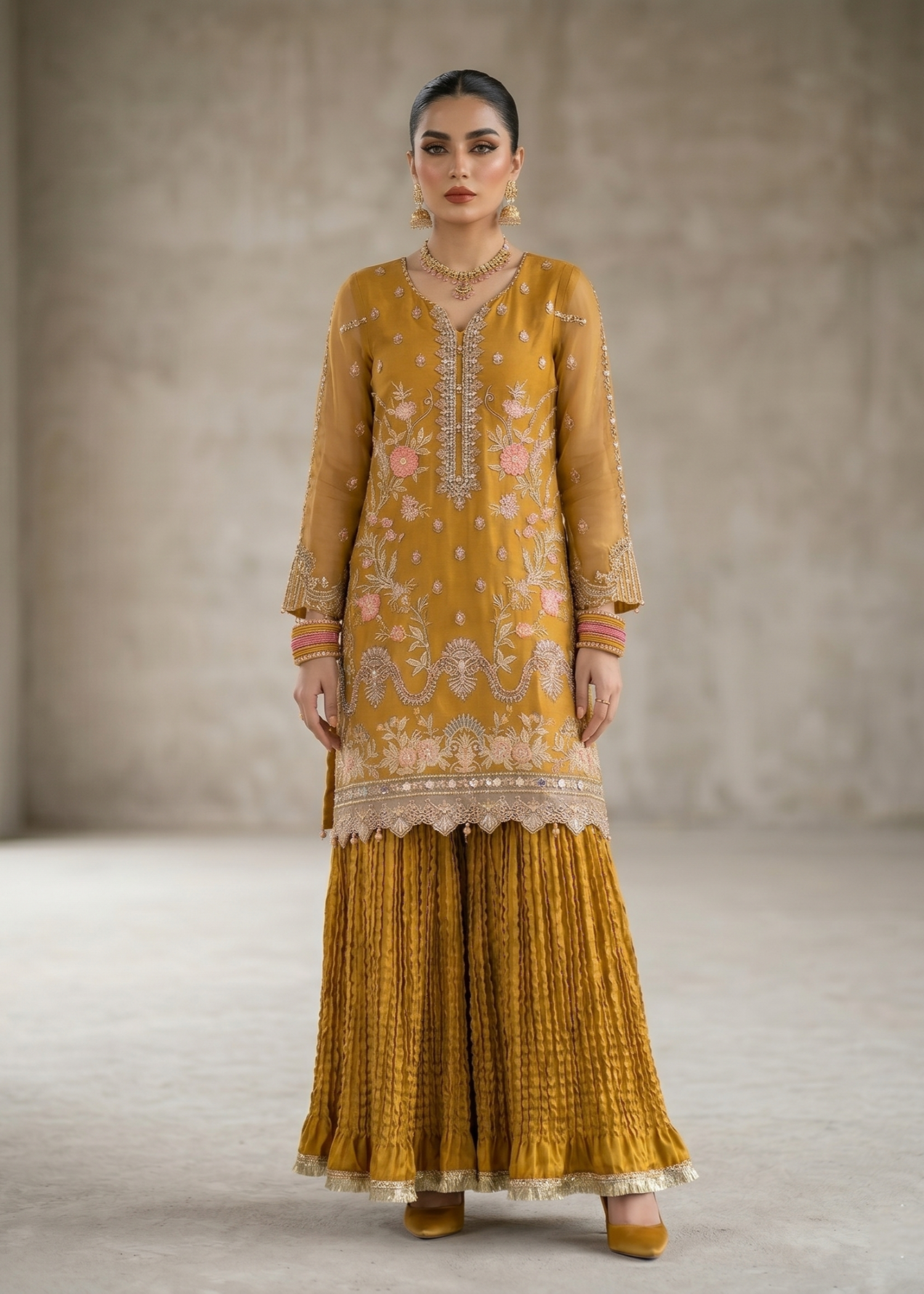 Ladies Embroidered Mustard Gharara Salwar Kameez Online in UK USA Canada