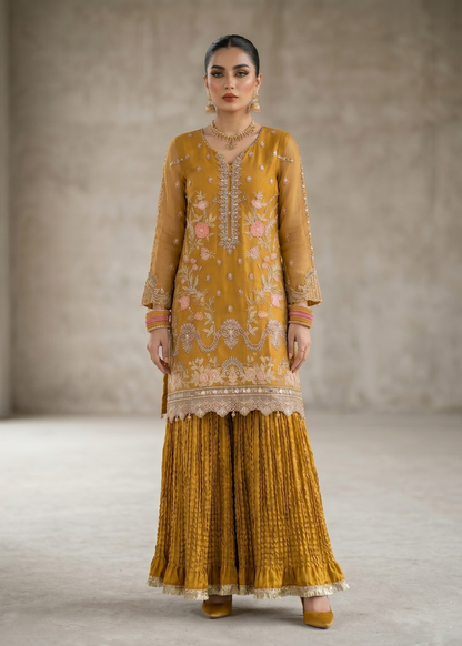 Ladies Embroidered Mustard Gharara Salwar Kameez Online in UK USA Canada